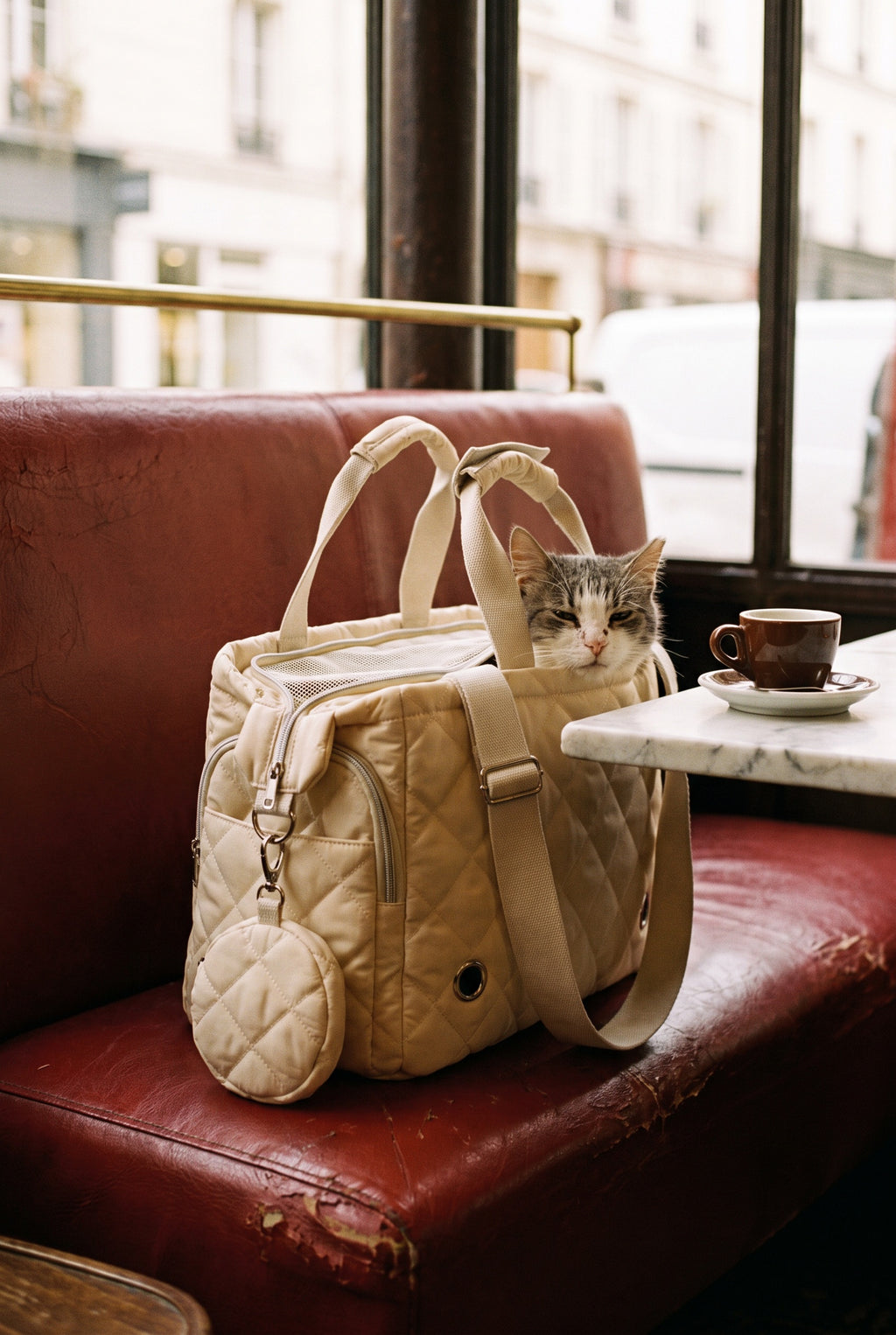 Le Cabas matelassé écru posé sur la banquette d'un café, sac de transport chat qui a l'allure d'un cabas de ville