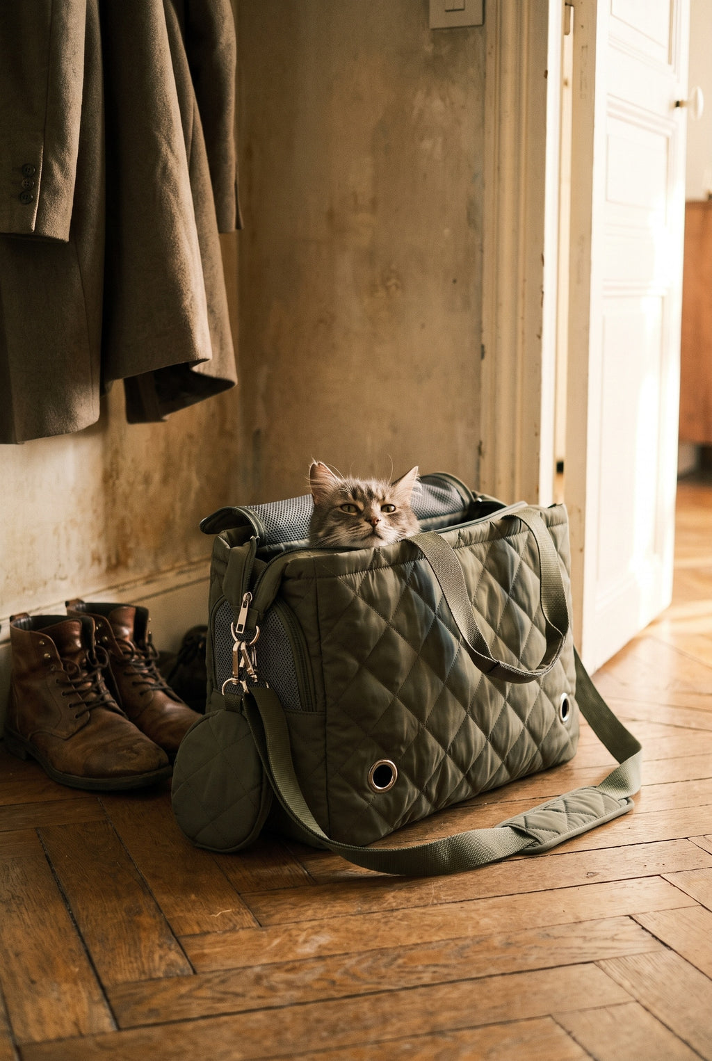 Le Cabas matelassé kaki dans une entrée d'appartement avec un chat installé dedans