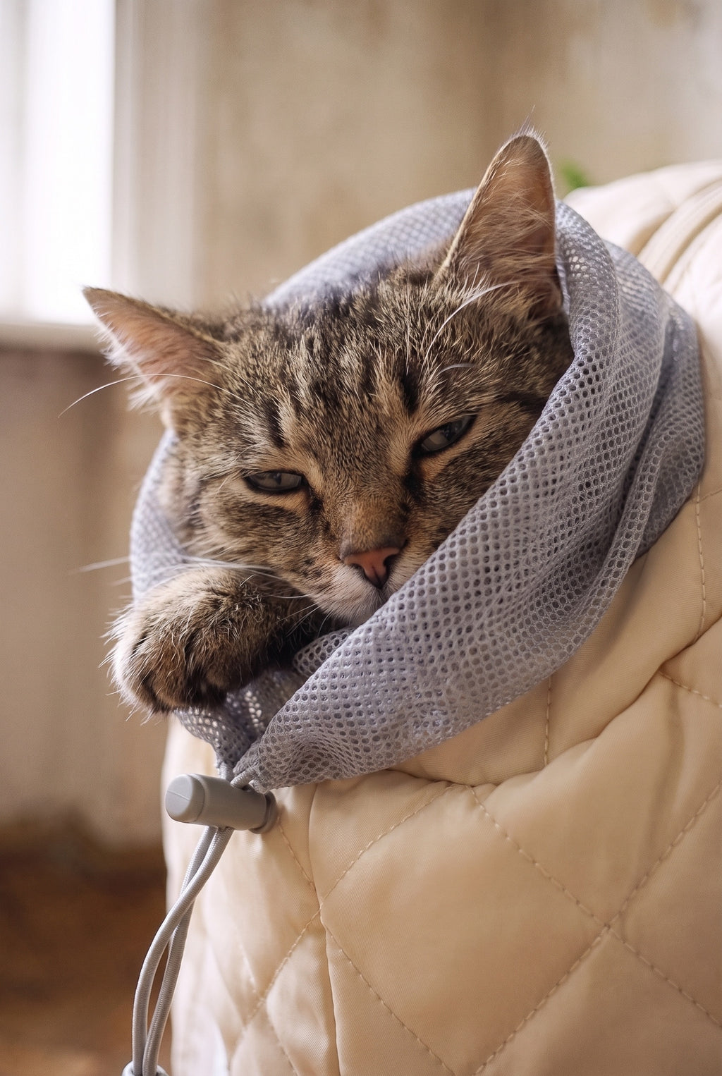Gros plan sur la collerette en maille du sac de transport chat, cordon de serrage réglable autour du cou