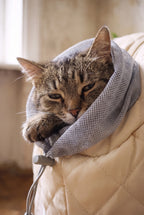 Gros plan sur la collerette en maille du sac de transport chat, cordon de serrage réglable autour du cou