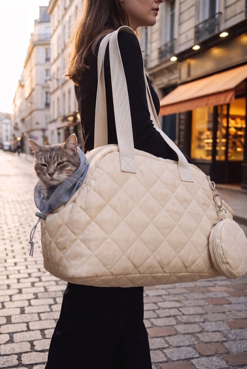 Sac de transport chat porté à l'épaule en ville, le chat sort la tête et regarde la rue